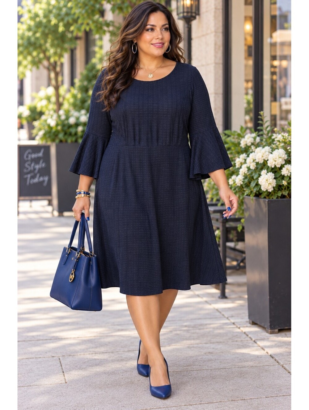ALYX 1X Navy Blue Textured Fit & Flare Bell Sleeves Stretch Sheath Dress Casual